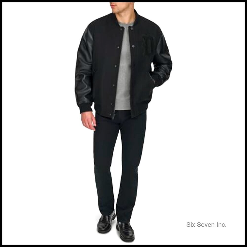 Varsity Bomber Jacket Mixed Media Faux Leather Wool Blend Retro Classic - Picture 2 of 7